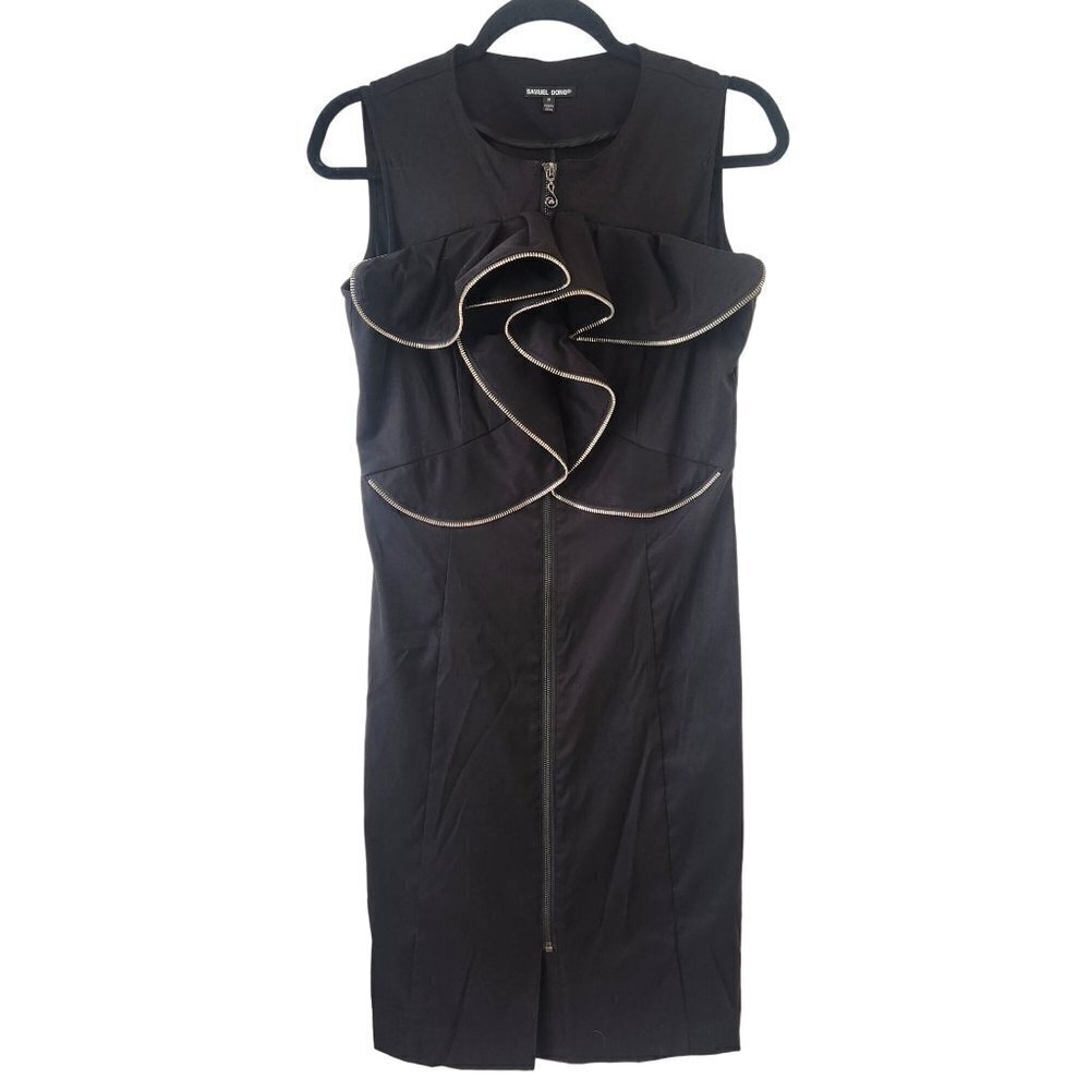 RARE Samuel Dong Black Ruffle Zipper Dress Fitted Sheath Pencil LBD Size M